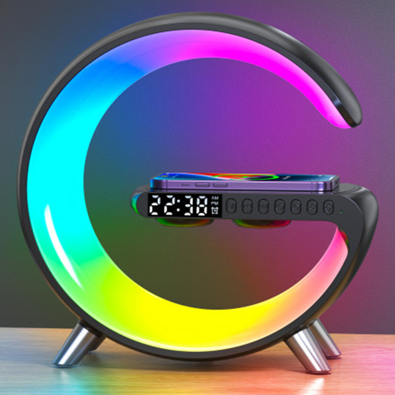 Homís AuraGlow Lamp with colorful LED light and digital clock display, perfect for stylish home decor.