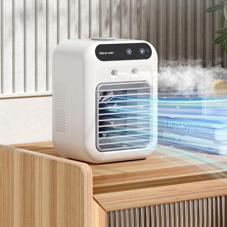 Homís AirCooler Pro providing efficient cooling with airflow visible in a stylish and compact design on a wooden surface.